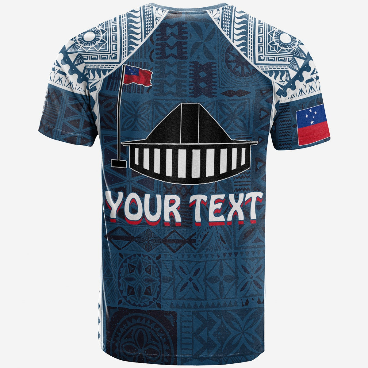 Camiseta azul con patrón tapa samoano y letrero gráfico para texto personalizado