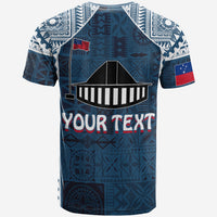 Camiseta azul con patrón tapa samoano y letrero gráfico para texto personalizado