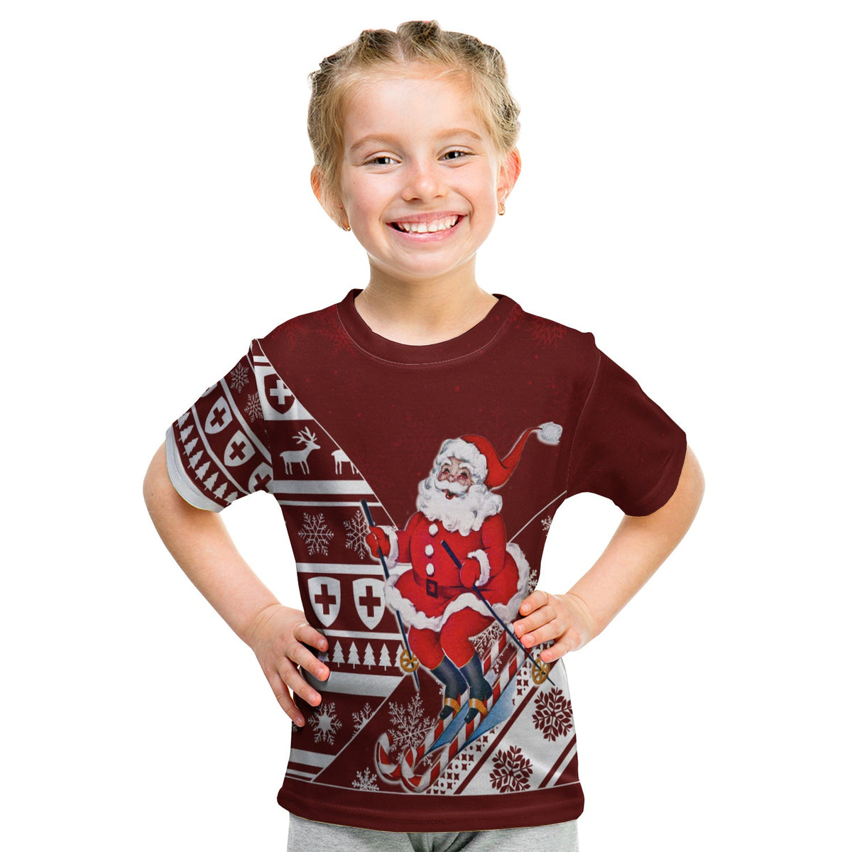 Kids maroon Christmas T-shirt with skiing Santa and Swiss flag pattern