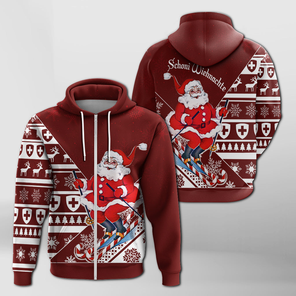 Skiing Santa Schoni Wiehnachte Swiss Christmas Pattern Zip Hoodie - Wonder Print Shop