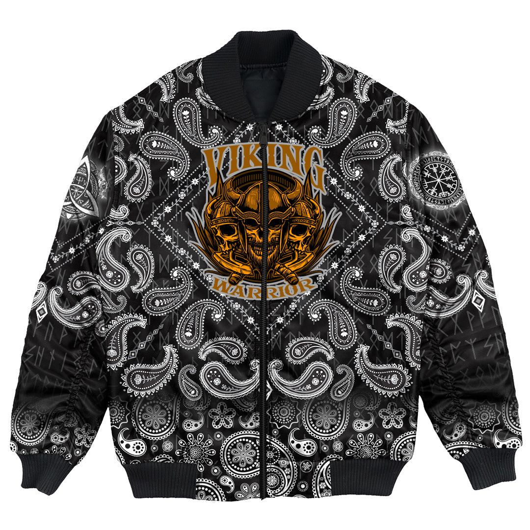 Viking Bomber Jacket Skull Head Warrior With Twin Axe with Bandana Paisley Style RLT12 - Wonder Print Shop