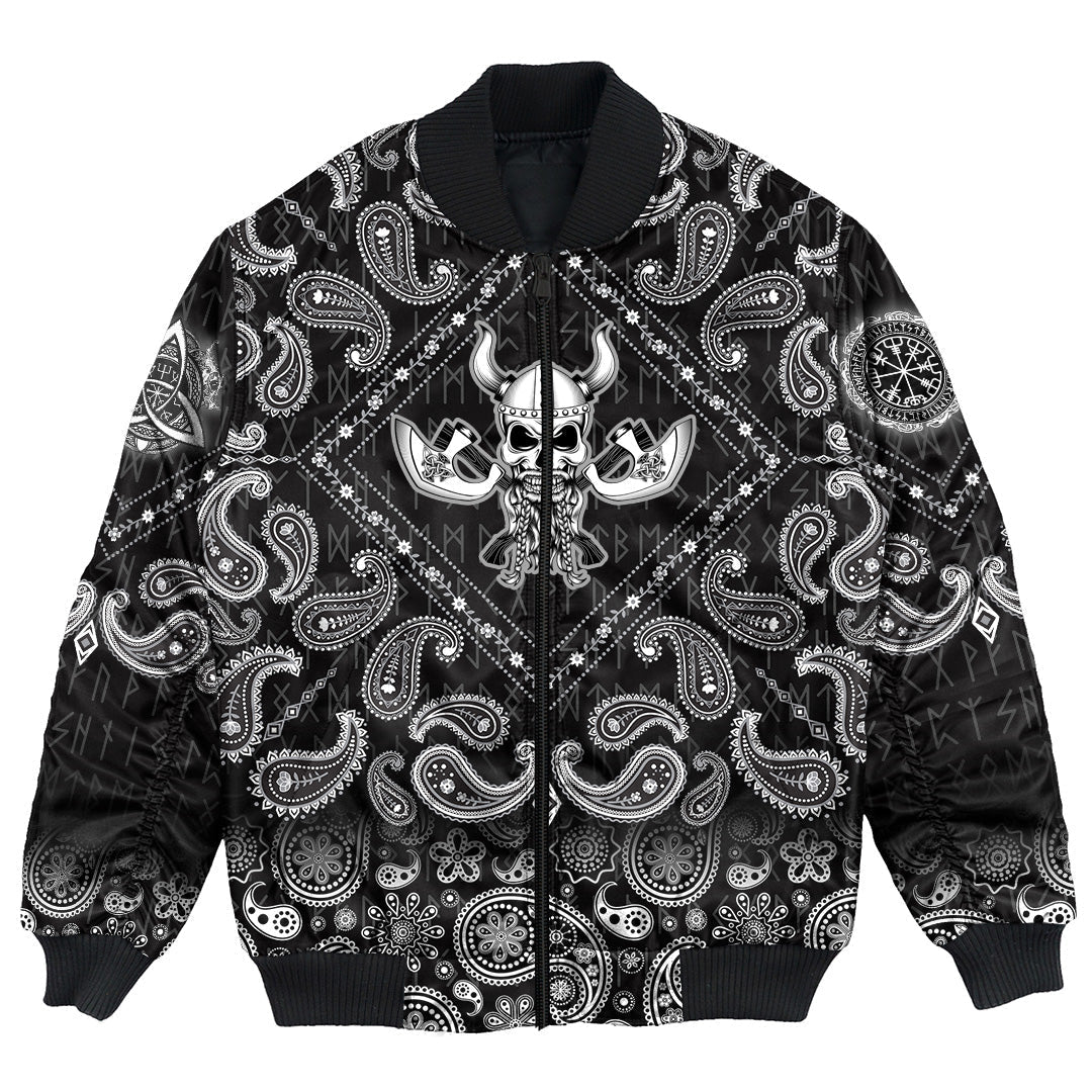 Viking Bomber Jacket Skull Helmet With Horns and Two Crossed Axes with Bandana Paisley Style RLT12 - Wonder Print Shop