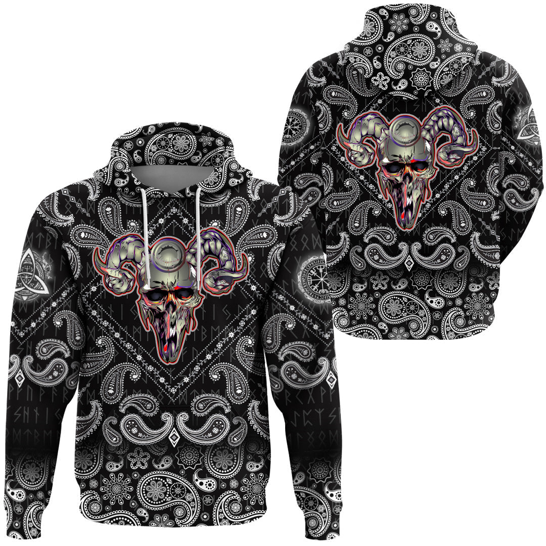 Viking Hoodie Skull Helmet With Horns with Bandana Paisley Style RLT12 - Wonder Print Shop