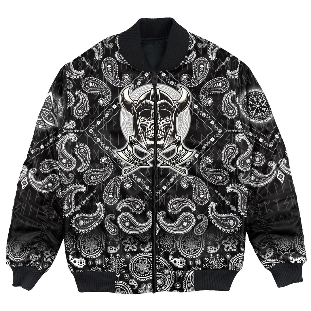 Viking Bomber Jacket Skull Of Warrior With Crossed Axes with Bandana Paisley Style RLT12 - Wonder Print Shop