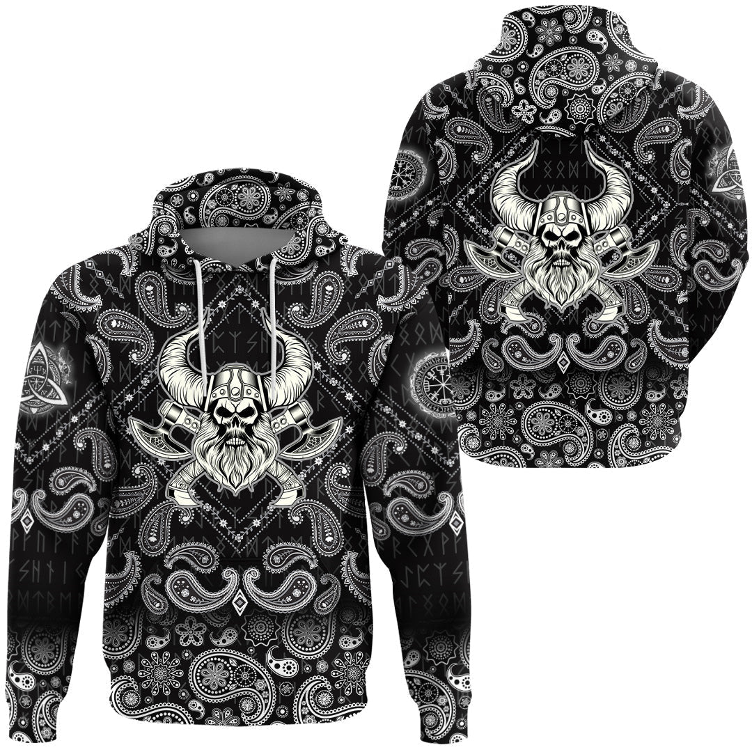 Viking Hoodie Skull With Crossed Axes with Bandana Paisley Style RLT12 - Wonder Print Shop