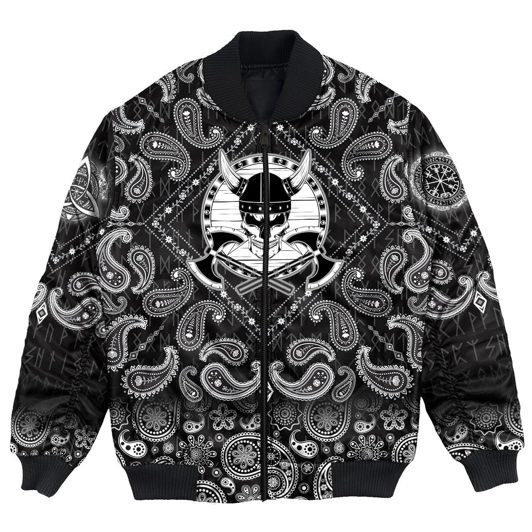 Viking Bomber Jacket Skull in helmet with horns with shield and axes with Bandana Paisley Style RLT12 - Wonder Print Shop