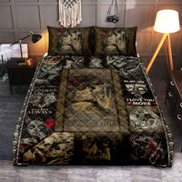 Skull romance quilt bed set with two pillows, black patchwork-style print