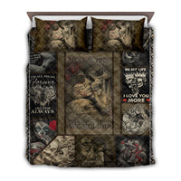Skull-themed quilt bed set with two quilted pillows and dark romantic print