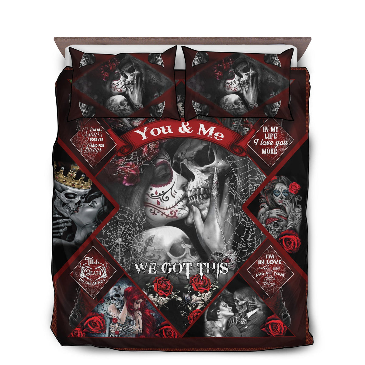 Skull couple bedding set: dark red and black comforter with roses and matching pillowcases