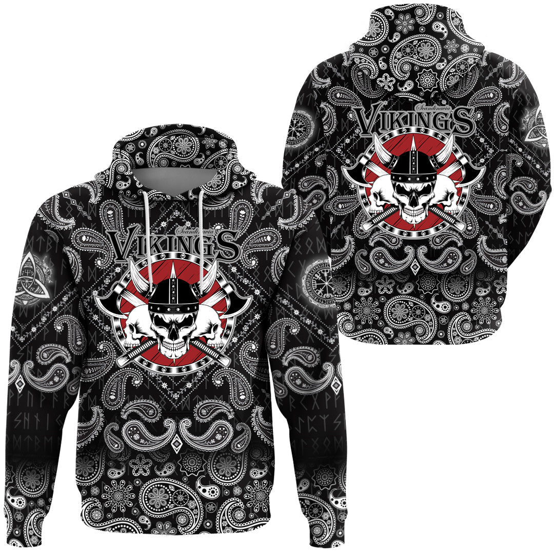 Viking Hoodie Skulls With Shield and Axes with Bandana Paisley Style RLT12 - Wonder Print Shop