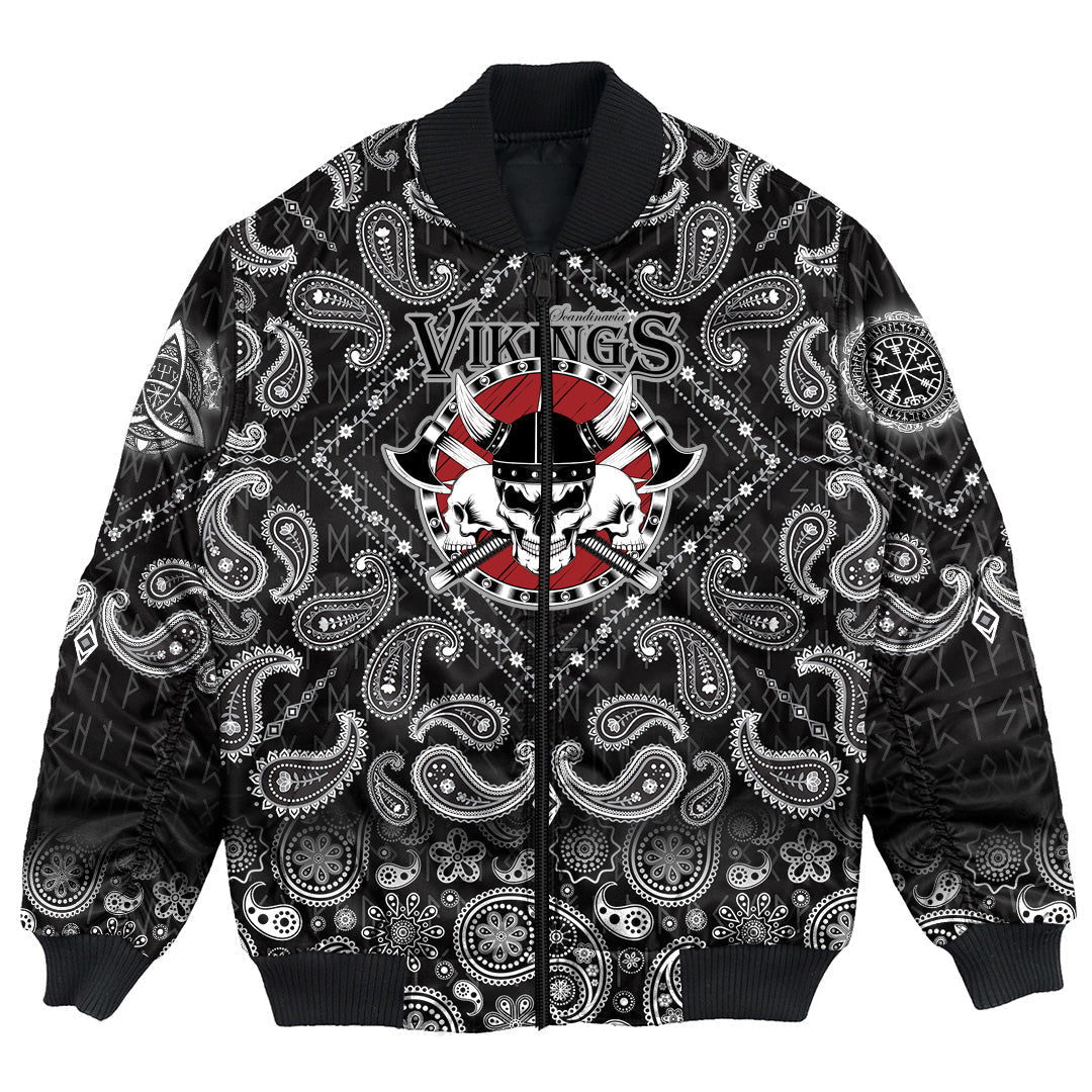 Viking Bomber Jacket Skulls With Shield and Axes with Bandana Paisley Style RLT12 - Wonder Print Shop