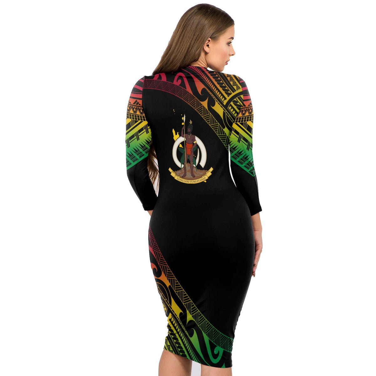 Black long-sleeve midi dress, back view, Polynesian pattern border and central crest