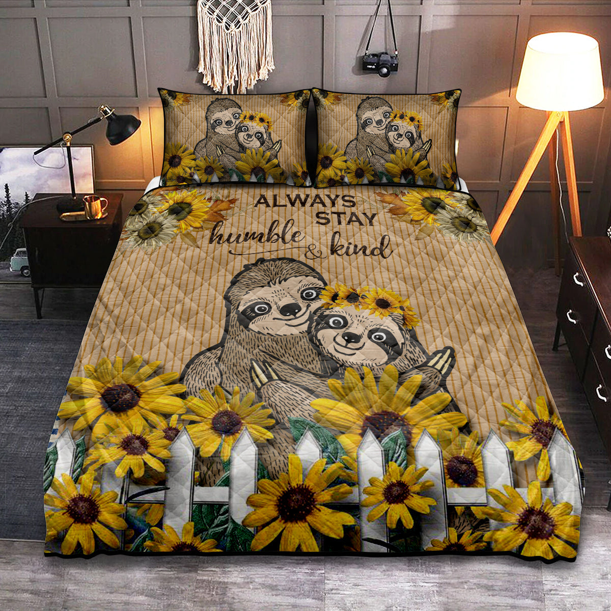 Sloth couple sunflower quilt bed set: tan comforter with picket fence and two pillowcases