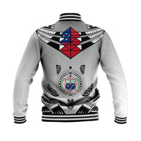 Unisex white baseball jacket back with large Samoa emblem, striped yoke and ribbed hem