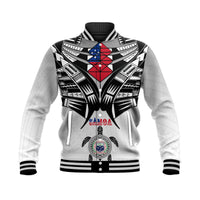 Unisex white baseball jacket with bold Samoa graphic, striped collar and ribbed cuffs