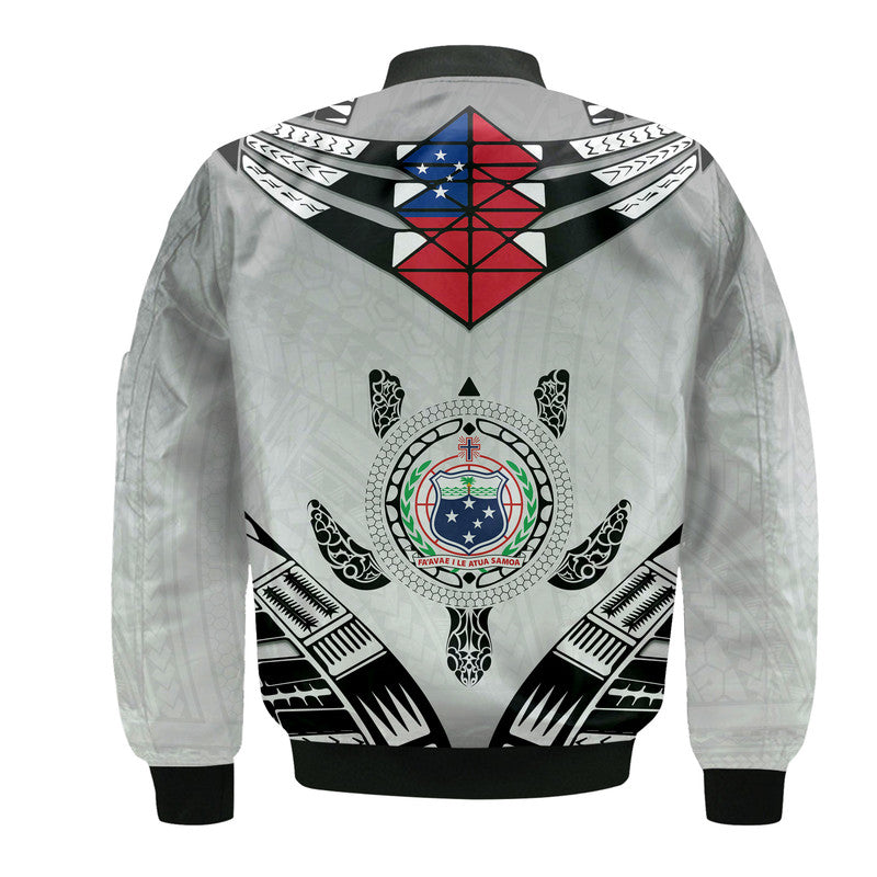 White unisex bomber jacket, back crest graphic, black trim, ribbed hem and cuffs