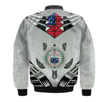 White unisex bomber jacket, back crest graphic, black trim, ribbed hem and cuffs