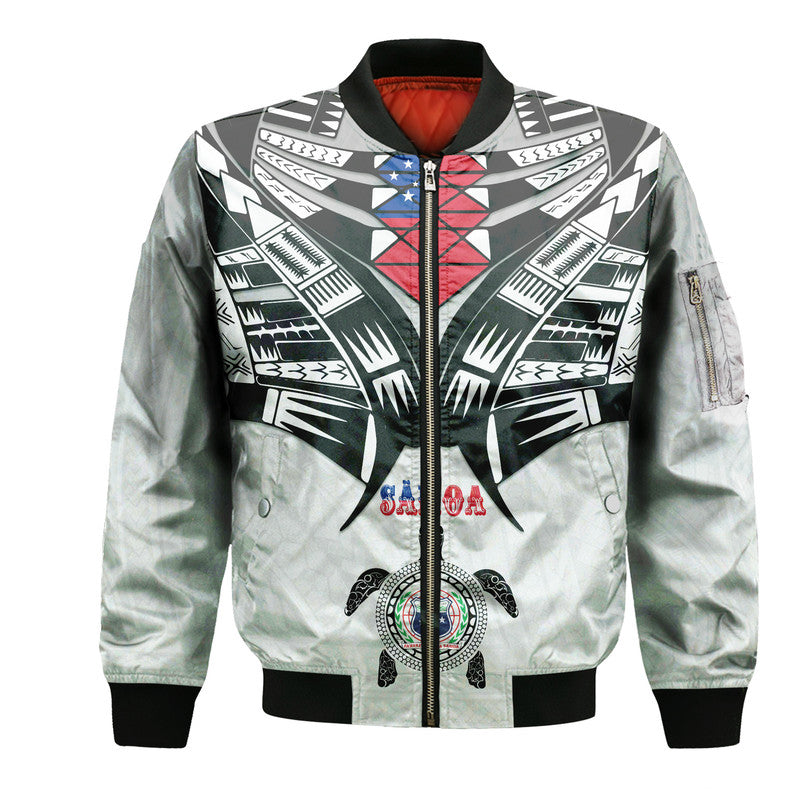 White unisex bomber jacket with black graphic front, zip front, stand collar, ribbed cuffs
