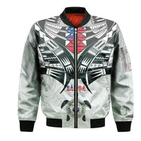 White unisex bomber jacket with black graphic front, zip front, stand collar, ribbed cuffs