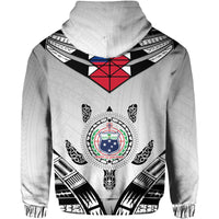 White pullover hoodie back view with large circular emblem and black geometric accents