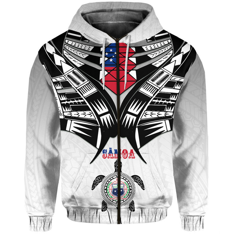 White pullover hoodie with centered emblem and red-blue shield graphic on the front
