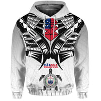 White pullover hoodie with Samoa shield graphic, hood drawstrings, and bold chest design