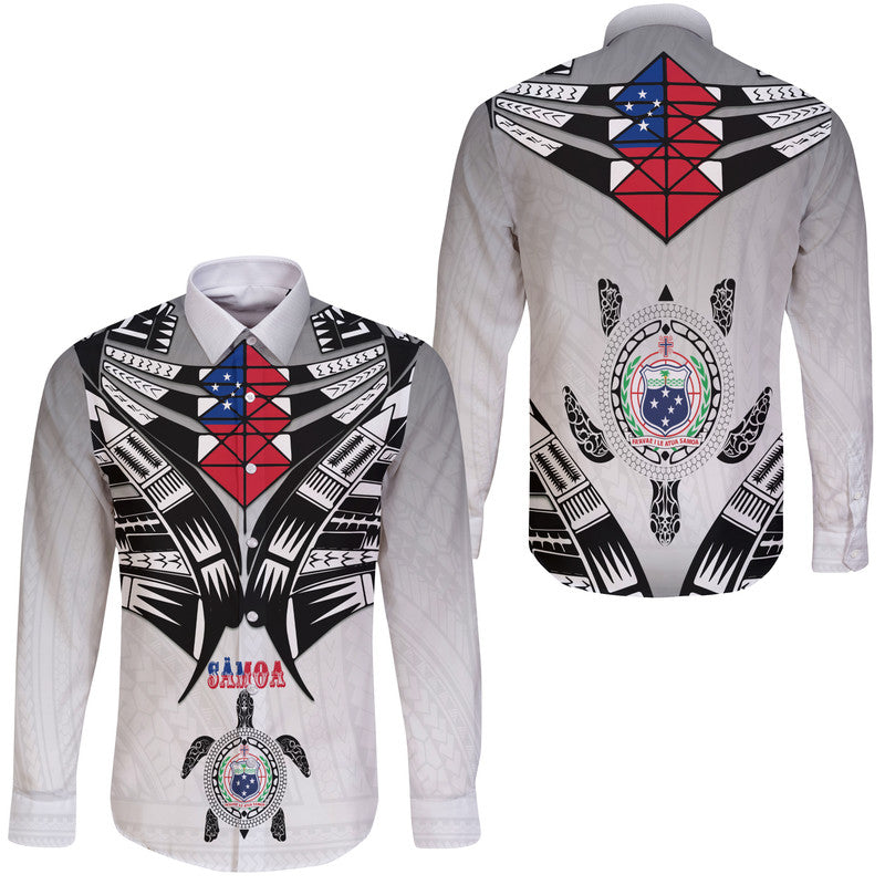 White long-sleeve button shirt with bold black, red and blue graphic front and back