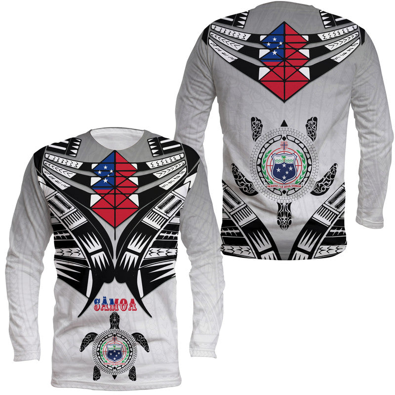 Unisex white long sleeve shirt with bold black geometric emblem and red-blue crest on front/back
