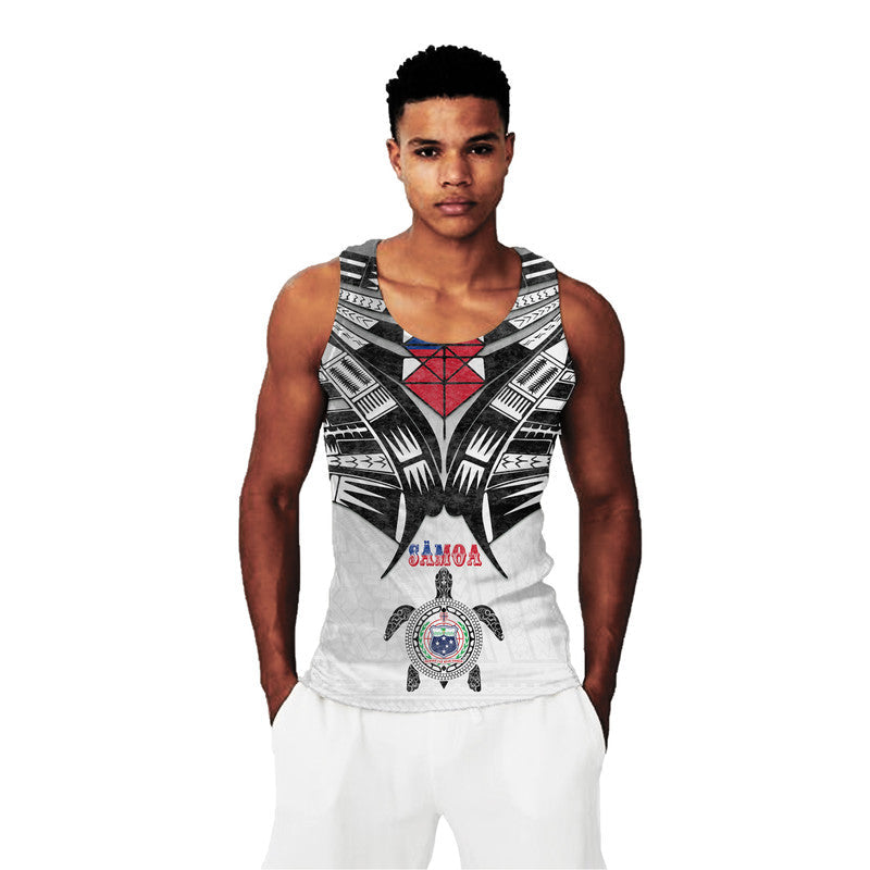 Samoa graphic white sleeveless tank top on model with V-neckline and bold geometric print