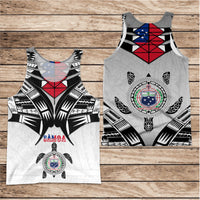 Men's white tank top with Samoa tribal graphic, red-blue crest and geometric pattern