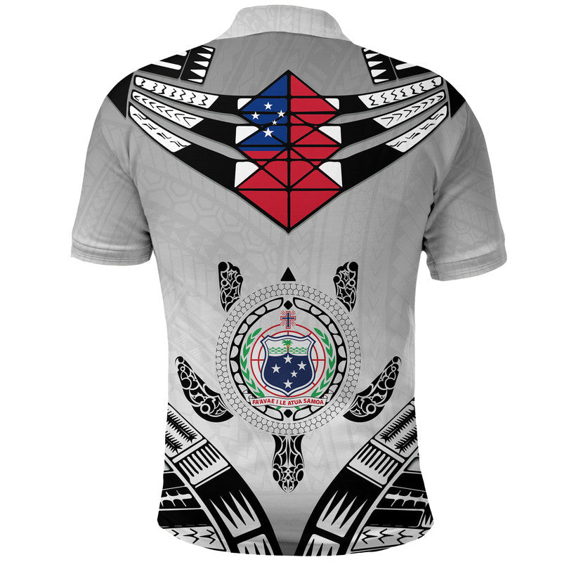 Light gray polo shirt back with large shield graphic and central emblem, black red blue