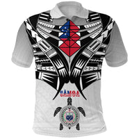 Light gray polo shirt with front Samoan-style shield graphic in black, red, blue