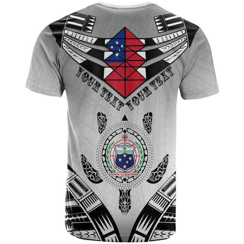 White Black Saturday T-shirt back: Samoan crest circle and shield graphic, short sleeves
