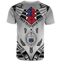 White Black Saturday T-shirt back: Samoan crest circle and shield graphic, short sleeves