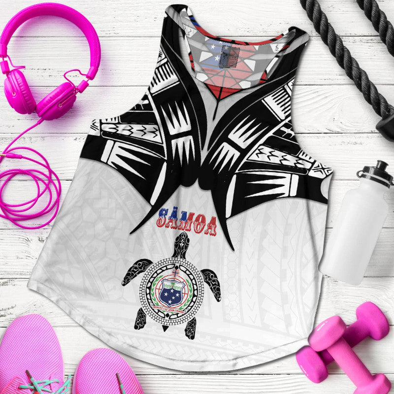Women’s racerback tank, white with black geometric front and large turtle graphic