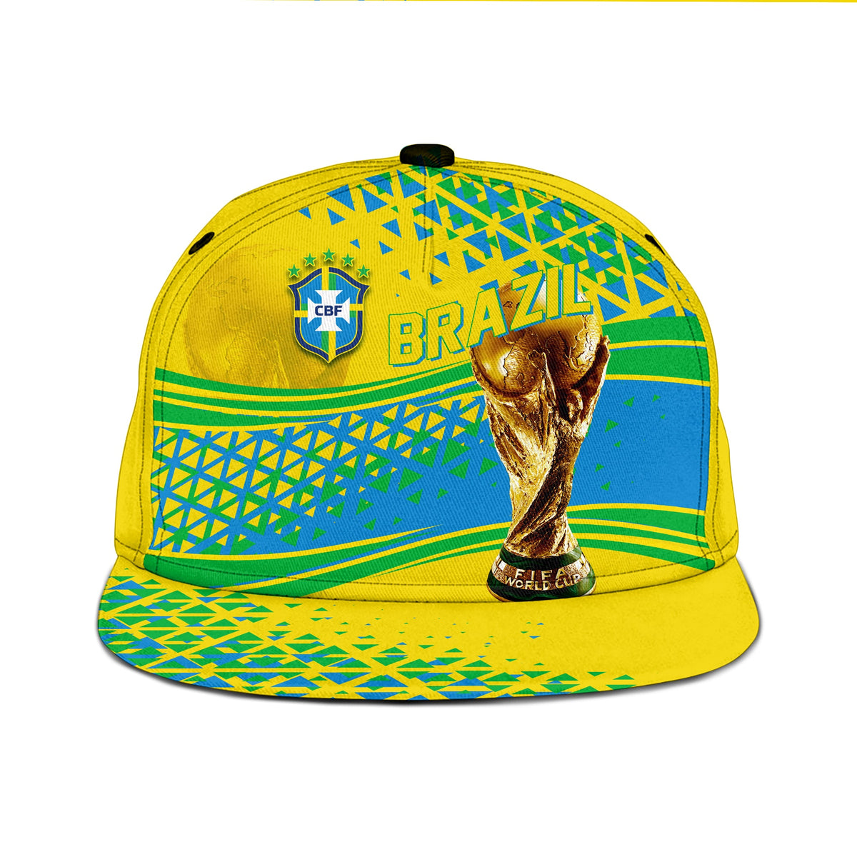 Yellow snapback hat with CBF badge, BRASIL print, and World Cup trophy graphic