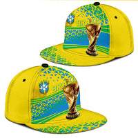 Yellow snapback hat with BRASIL print, CBF badge, and trophy graphic on crown