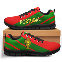 Red and green lace-up sneakers with PORTUGAL text and crest, black sole
