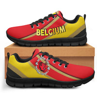 Belgium football sneaker, red upper with yellow panels and black sole, black laces