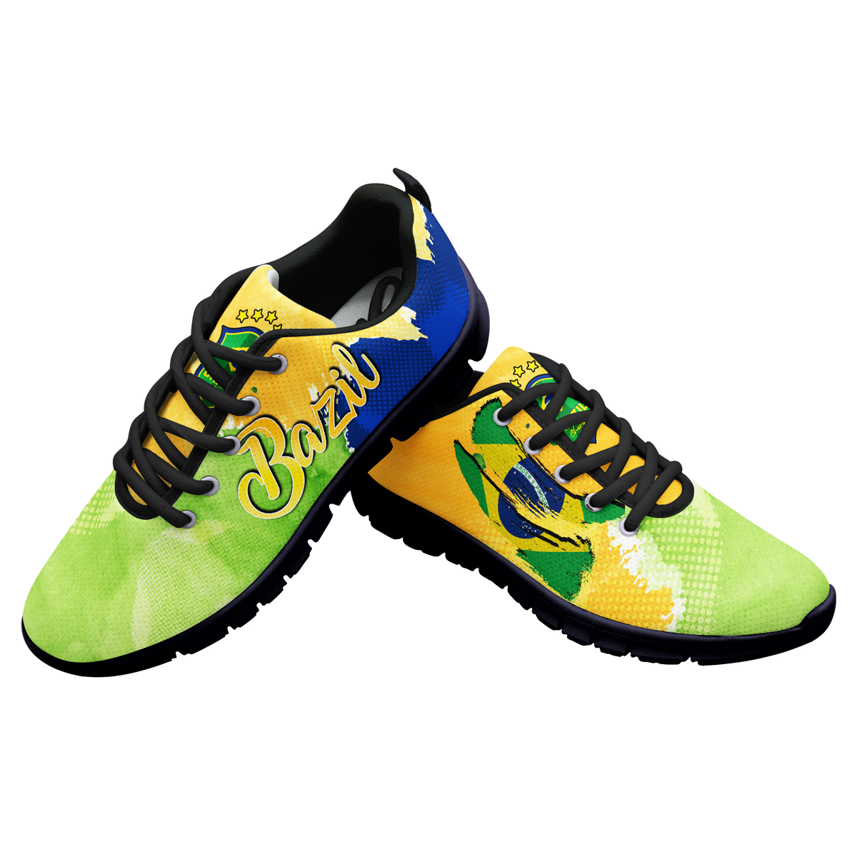 Low-top lace-up sneakers with yellow, green, and blue upper; black laces and black heel collar