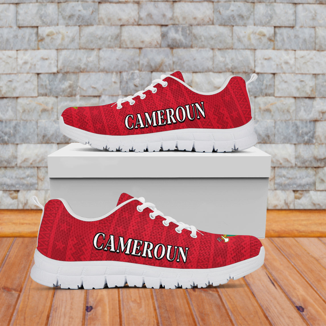 Red Cameroon-pattern sneakers with white sole, white laces, CAMEROUN logo