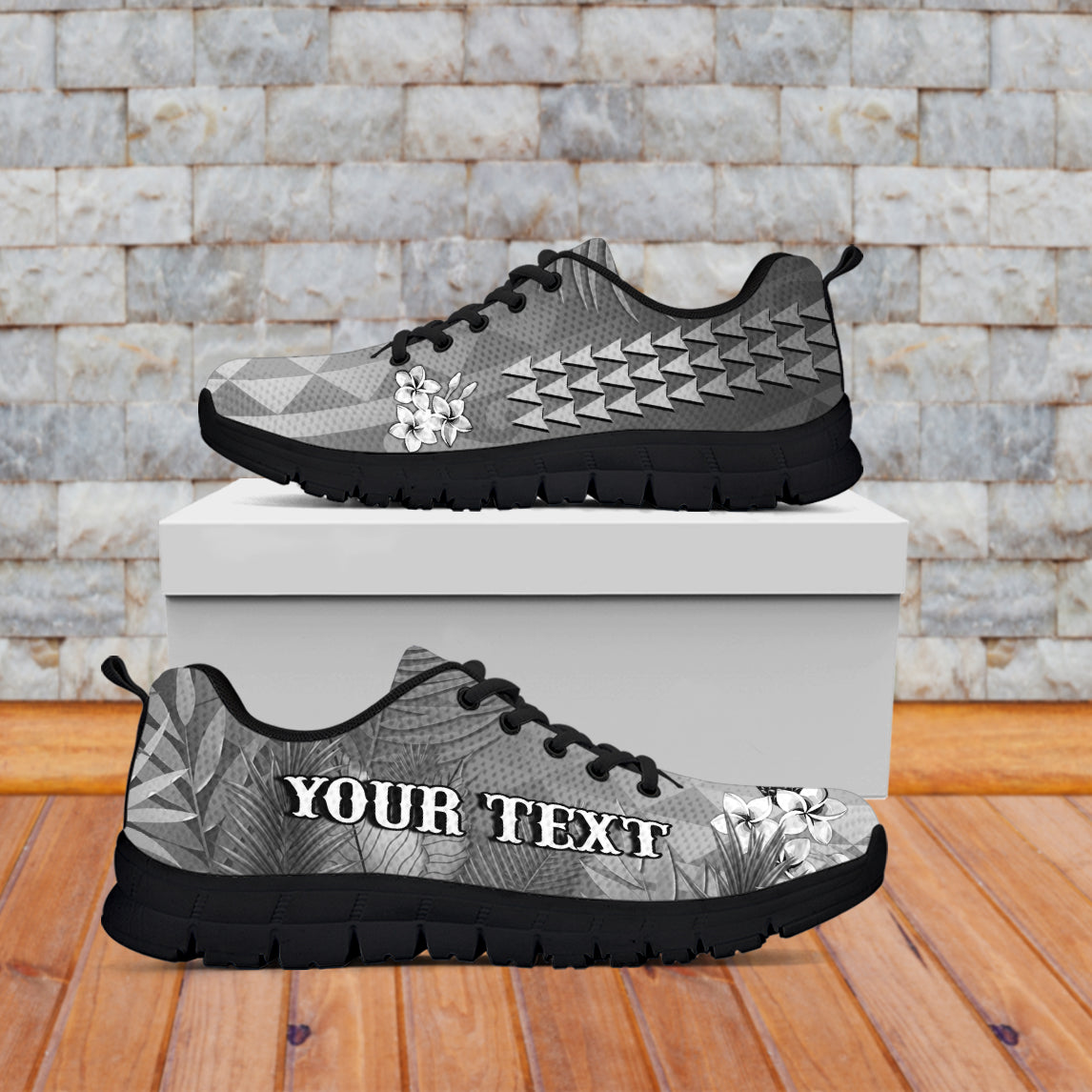 Gray sneakers, black sole, tribal triangle + flower print, 'YOUR TEXT' side