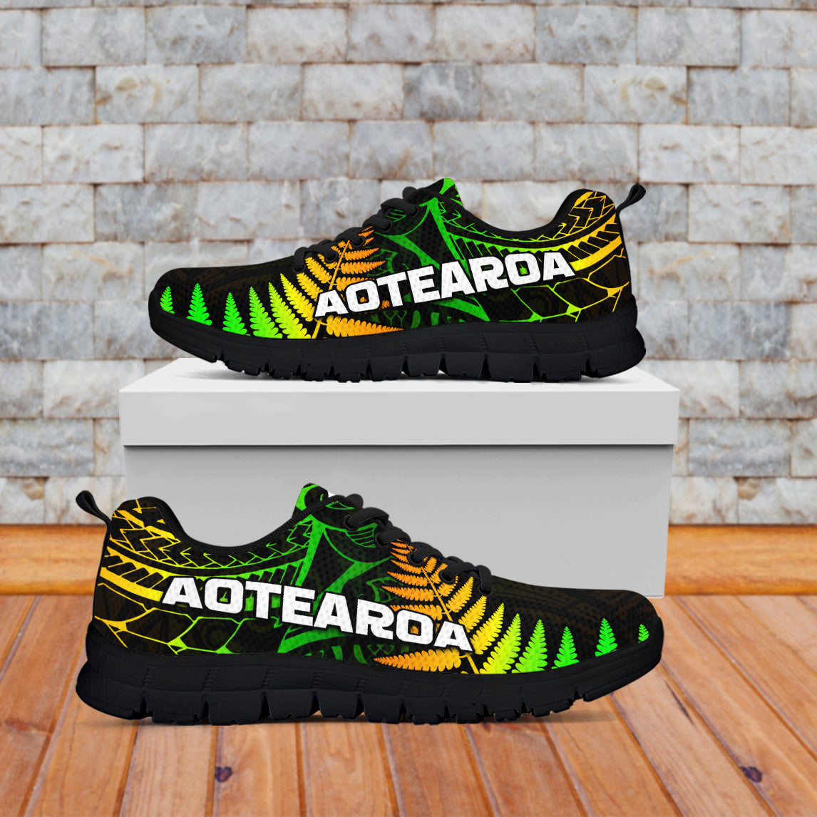 Aotearoa fern sneakers, black sole, black upper with green and yellow graphic