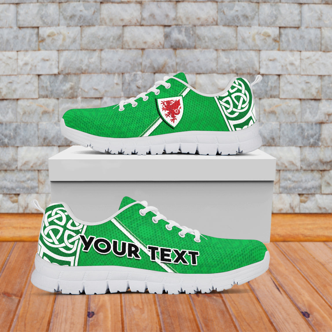 Green Wales football sneakers with dragon crest, white sole and celtic knot side panel