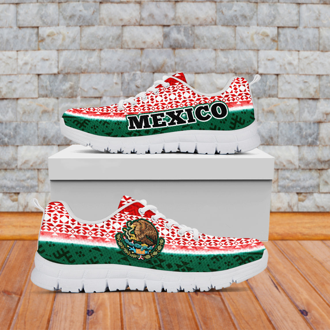 Aztec-pattern Mexico sneakers with “MEXICO” text, red/green/white uppers, white sole