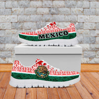 Aztec-pattern Mexico sneakers with “MEXICO” text, red/green/white uppers, white sole