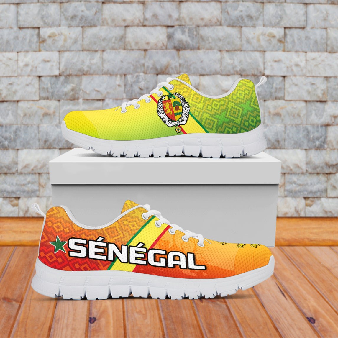Colorful Senegal sneakers: yellow-green and orange upper, lion emblem, “SÉNÉGAL” text, white sole