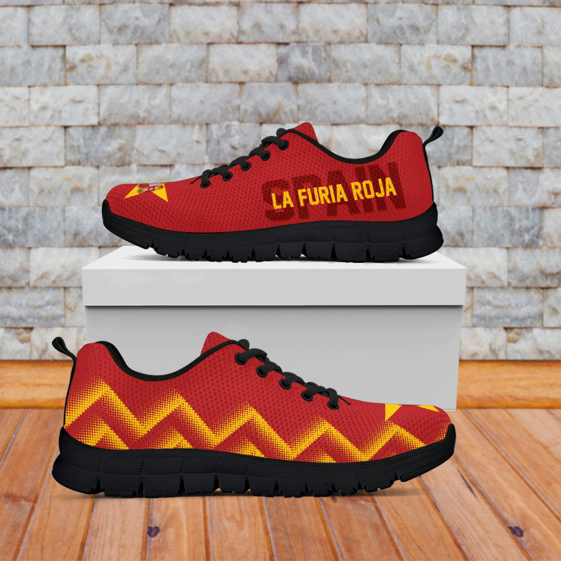 Red casual sneakers, black sole, black laces, yellow zigzag and 'LA FURIA ROJA' side