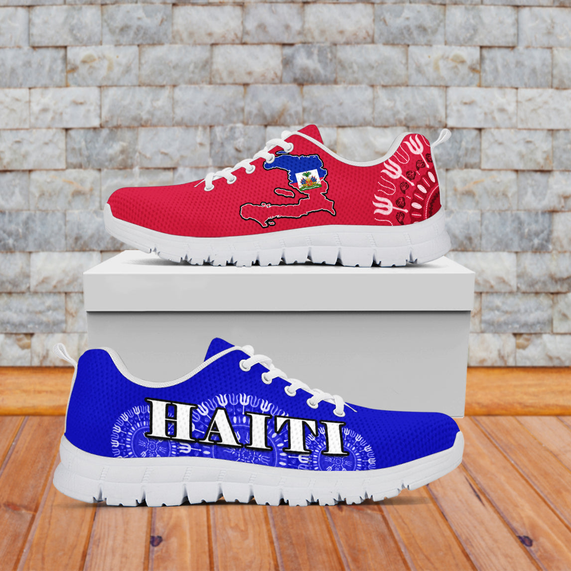Haiti dashiki sneakers: red upper, blue Haiti print, island map detail, white sole pair