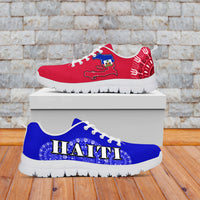 Haiti dashiki sneakers: red upper, blue Haiti print, island map detail, white sole pair